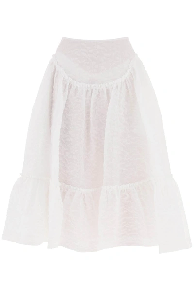 Simone Rocha Floral Midi Skirt With Yoke Waist And Flounced Hem In White