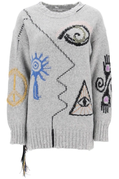 Stella Mccartney Folk Artwork Wool Blend Knit Sweater In Grey