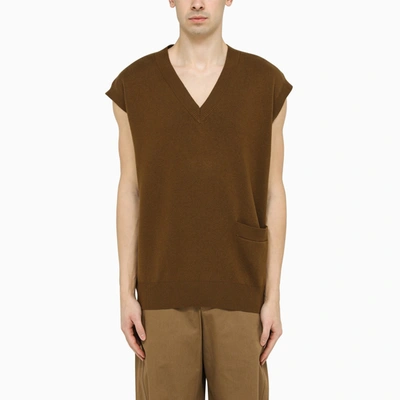 Studio Nicholson V-neck Knitted Vest In <p>brown Wool-cotton Blend Gilet From  Featuring Ribbed V-neck, Sleeveless, Ribbed H