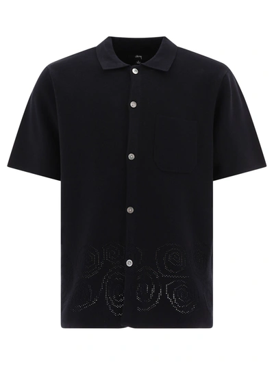Stussy Perforated Jacquard Swirl Short Sleeve Shirt. In Black