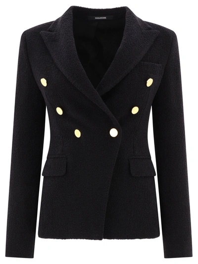 Tagliatore Black Tweed Double-breasted Blazer In Cotton Blend Woman