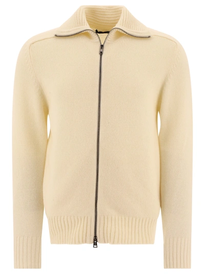 Tagliatore Wool Cardigan With Zip In Cream