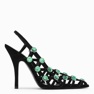 Attico Suede Grid Slingback With Jewels And Heel 8,5cm In Black/fluo Green