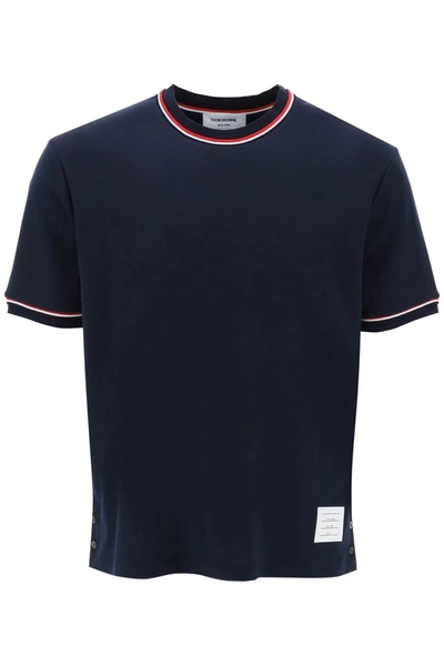 Thom Browne Milano Stitch T Shirt With Rwb Stripe Trims In Blue