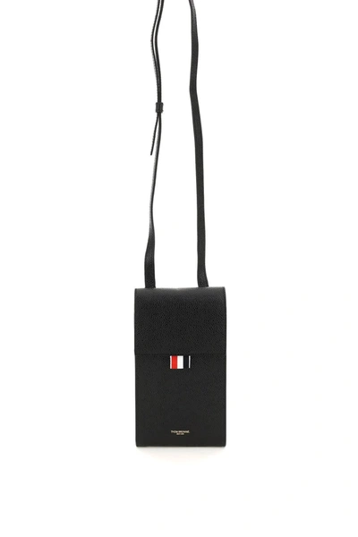 Thom Browne Pebble Grain Leather Phone Holder With Strap In Black