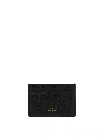 Tom Ford Black T Line Card-holder With Gold-colored Embossed Logo In Grainy Leather Man