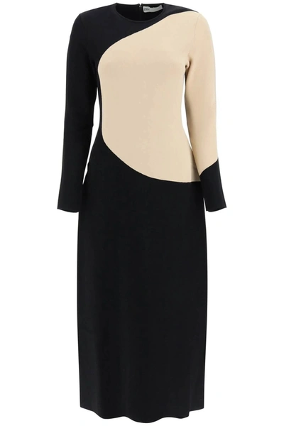 Tory Burch Colorblock Long-sleeve Knit Midi Dress In Black,sand