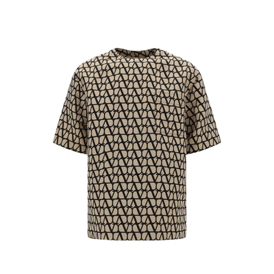 Valentino Silk Faille Crew Neck T-shirt With All-over Toile Iconographe Print In Beige,black