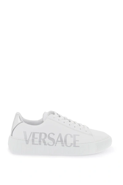 Versace La Greca Logo-print Low-top Sneakers In 2w270-white+silver