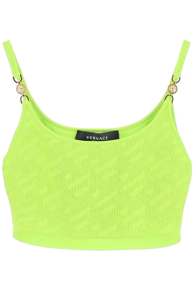 Versace Cropped Embellished Neon Knitted Top In Green
