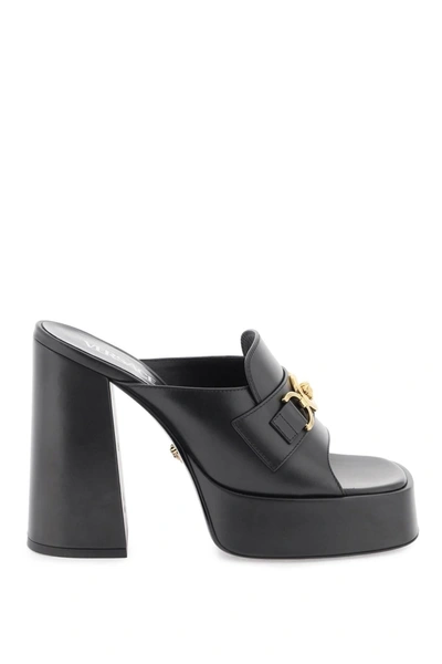 Versace Medusa Aevitas Leather Platform Mules In Black/gold