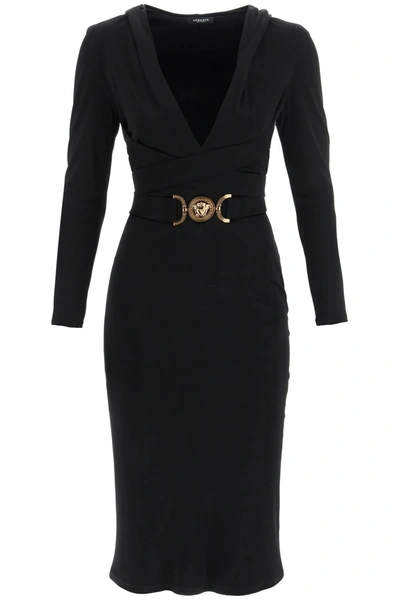 Versace Body-con Belted Midi Jersey Dress In Black