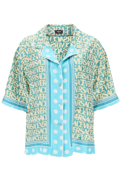 Versace X Dua Lipa Blue Allover Polka Dot Silk Shirt