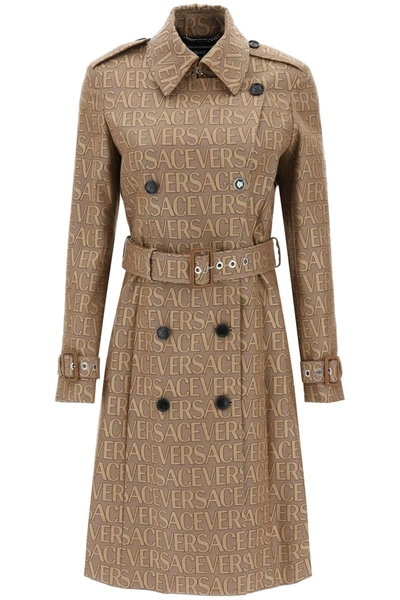 Versace Allover Trench Coat In Beige