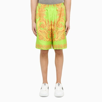 Versace Barocco 660 Silk Shorts In Lime,gold