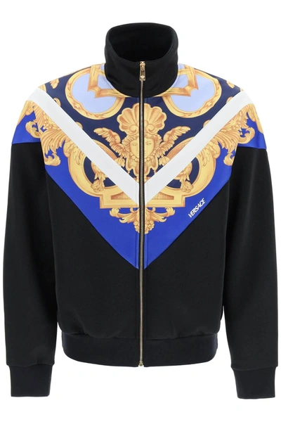 Versace Black Barocco Print Zipped Sweatshirt In Cotton Blend Man In Navy