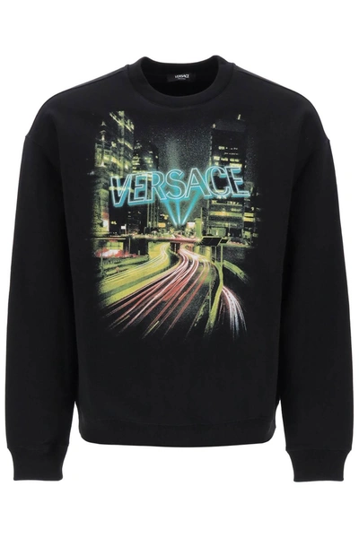 Versace Printed Cotton Crew-neck Sweatshirt In Black