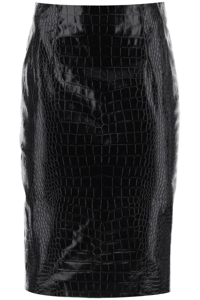 Versace Croco Print Leather Midi Skirt In Black
