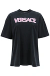 Versace Woman Black Cotton T-shirt In Black/fuchsia