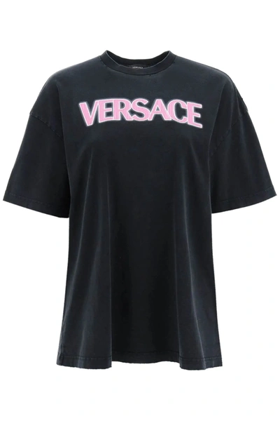 Versace Distressed T-shirt With Neon Logo In Black