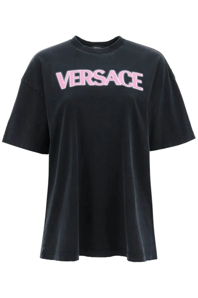 Versace Woman Black Cotton T-shirt In Black/fuchsia