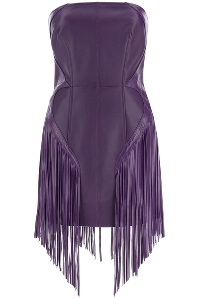 Versace Leather Mini Dress With Fringed Details In Purple