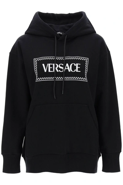 Versace Embroidered Logo Hoodie In Black White (black)
