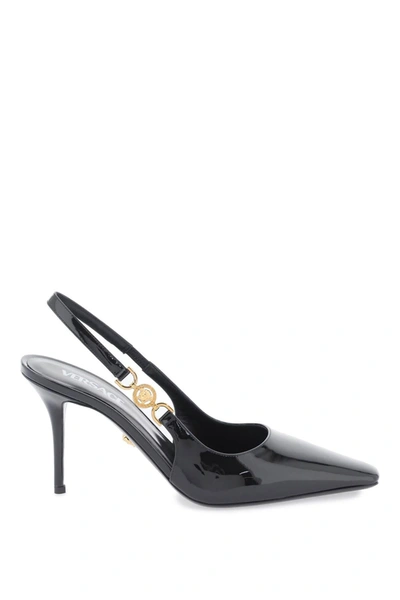 Versace Medusa Patent Slingback Pumps In V Black+ Gold