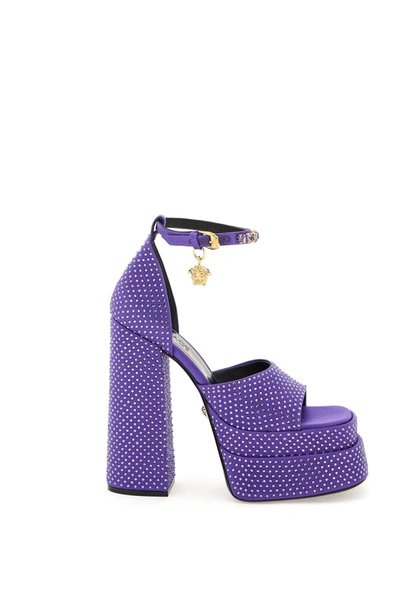 Versace Medusa Aevitas Double Platform Sandals In Dark Orchid Vesrace Gold (green)