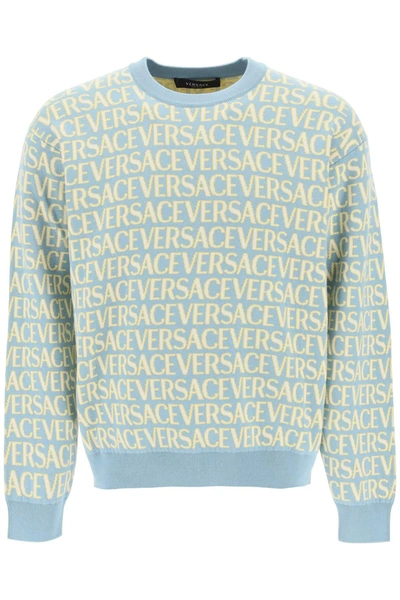 Versace Monogram Cotton Sweater Men In Blue