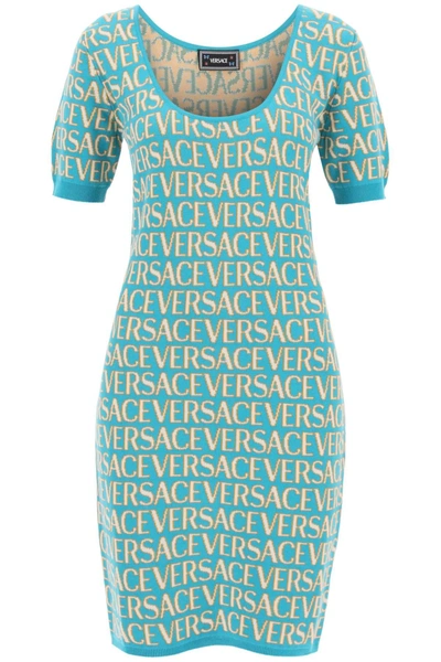 Versace Monogram Knit Mini Dress In Turquoise Light Blue (light Blue)