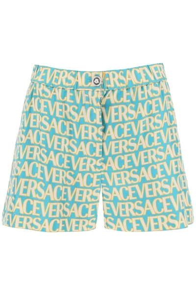 Versace Logo Print Silk Twill Shorts In Light Blue