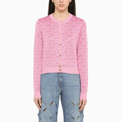 Versace Jacquard Cardigan La Greca In Pink