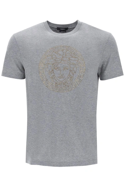 Versace Medusa Logo-embellished Cotton T-shirt In Grey