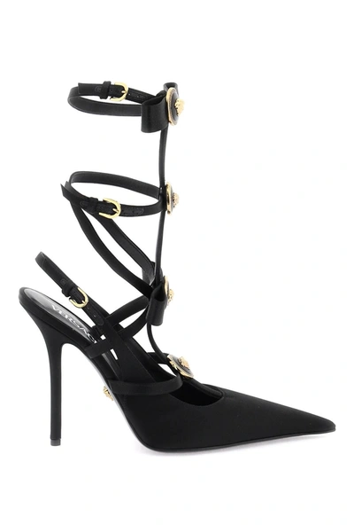 Versace Gianni Ribbon Caged Satin Pumps In Black