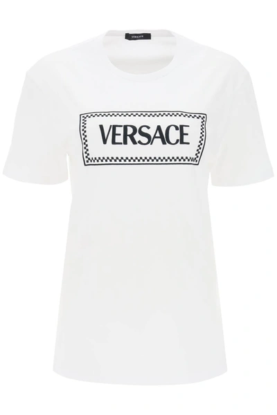 Versace Logo-embroidered Cotton T-shirt In White/black