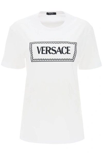 Versace Logo-embroidered Cotton T-shirt In White Black (white)