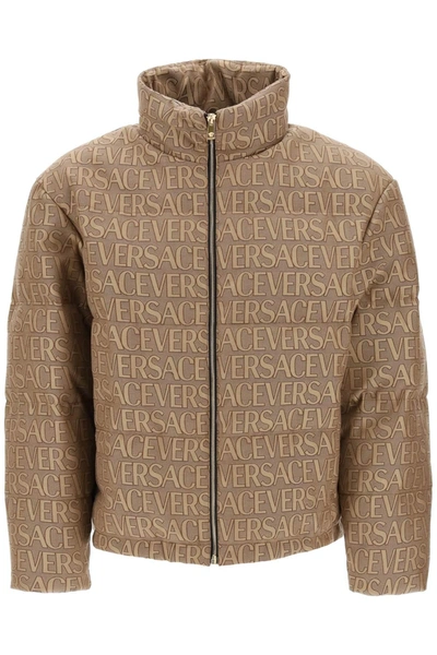 Versace Monogram Cotton Blend Down Jacket In Brown