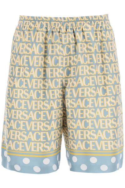 Versace Shorts Silk Fabric With All Over Print In Blue