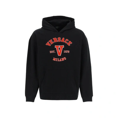 Versace Logo Detailed Long Sleeved Hoodie In Black