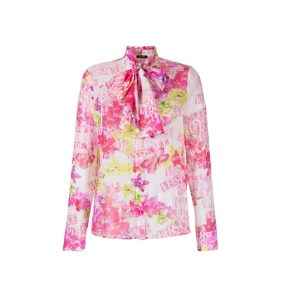 Versace Bow Neck Detail Printed Shirt In White