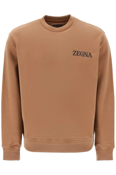 Zegna Crew-neck Sweatshirt With Flocked Logo In Brown