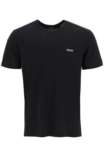 Zegna Embroidered-logo Cotton T-shirt In Blu