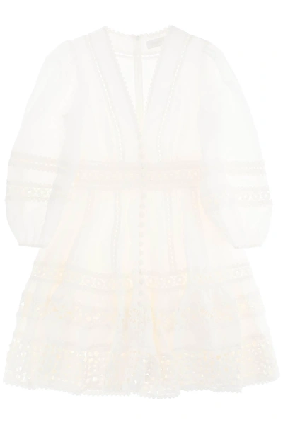 Zimmermann 'devi Spliced' Mini Dress With Crochet Inserts In White