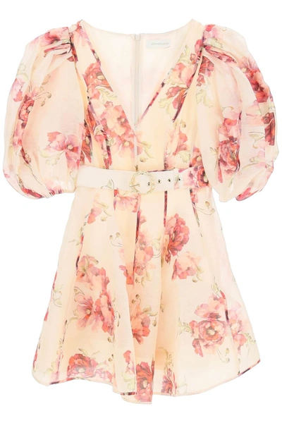 Zimmermann 'high Tide' Linen Silk Short Dress In Beige,pink