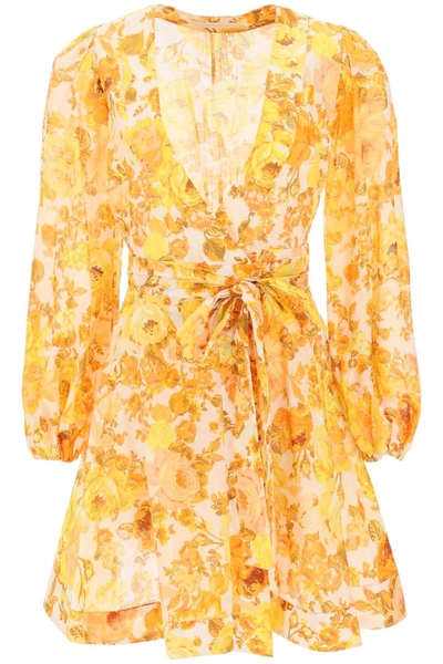 Zimmermann Raie Floral-print Cotton Mini Dress In Yellow
