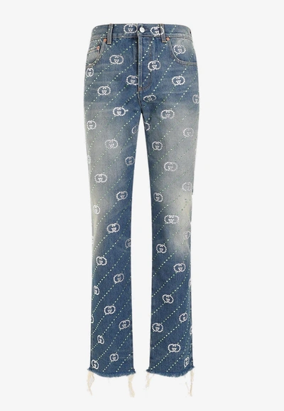 Gucci Straight-leg Frayed Crystal-embellished Jeans In Blue