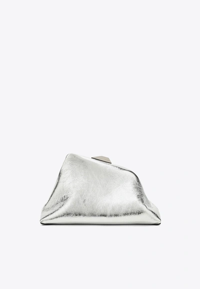 Attico Day Off Metallic Leather Clutch In White