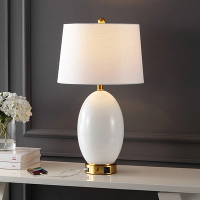 Jonathan Y Reese 26.5" 1-outlet Contemporary Style Iron/glass Led Table Lamp With Usb Charging Port, White/bras In Neutral