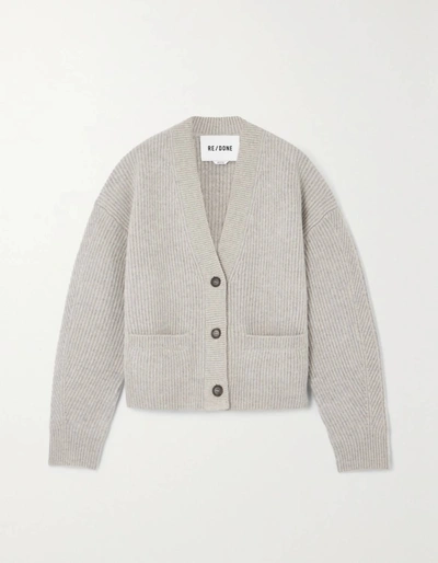 Re/done Plaited Cropped V Neck Wool Cardigan In Oatmeal Grey Heather
